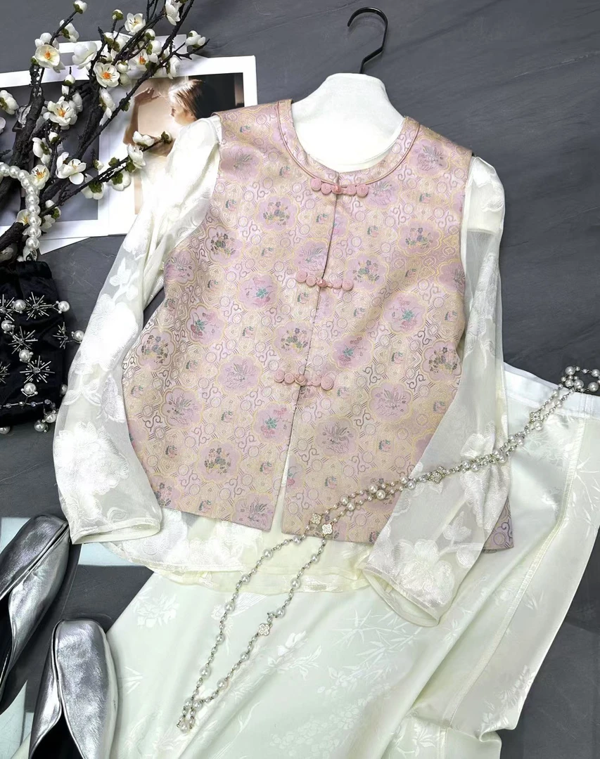 玛薇丝【团润泽】宋锦团纹海藻纹新中式马夹