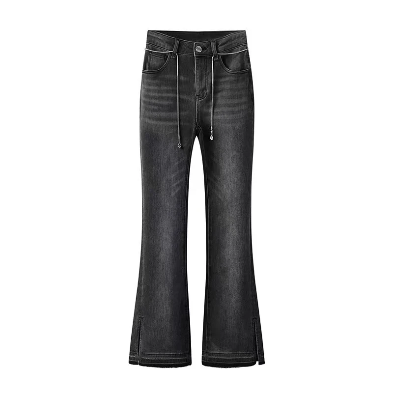 2024冬新款时尚百搭复古微喇牛仔裤休闲脚口开叉长裤女