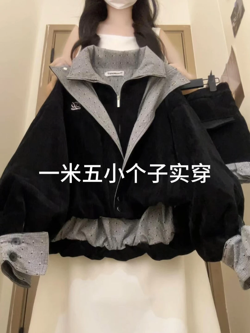 韩系独特超好看宽松慵懒短款夹克外套拼接撞色短裙半身裙秋冬套装