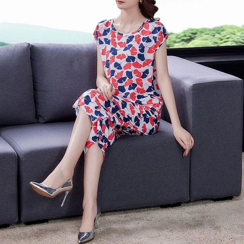 棉绸短袖套装女夏新款遮肉显瘦宽松时尚居家外穿七分阔腿裤两件套