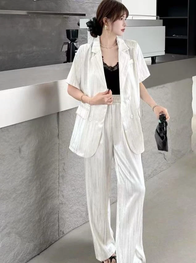 深圳南油高级感时尚短袖西装外套阔腿裤套装925