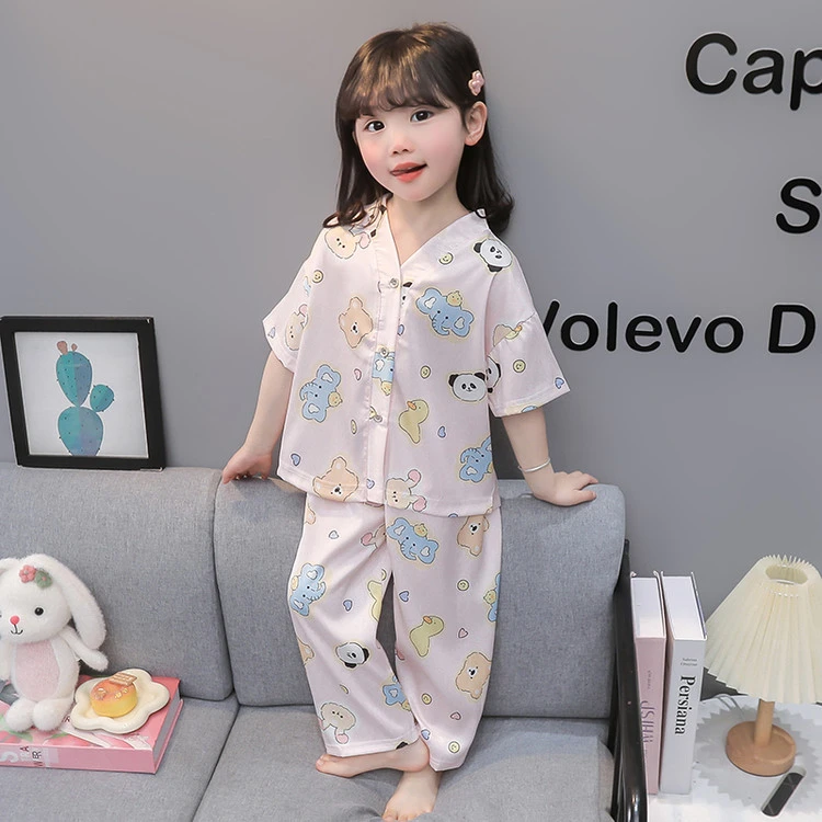 女童短袖睡衣夏季薄款女孩宝宝卡通冰丝空调服夏天儿童家居服套装