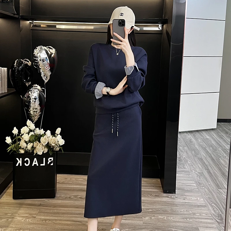 2025春秋轻奢假两件卫衣套装裙女高级感微胖减龄显瘦半身裙两件套