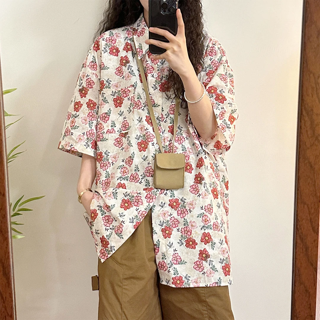 美式复古满印花卉短袖衬衫男女夏季新款宽松慵懒风半袖花衬衣外套