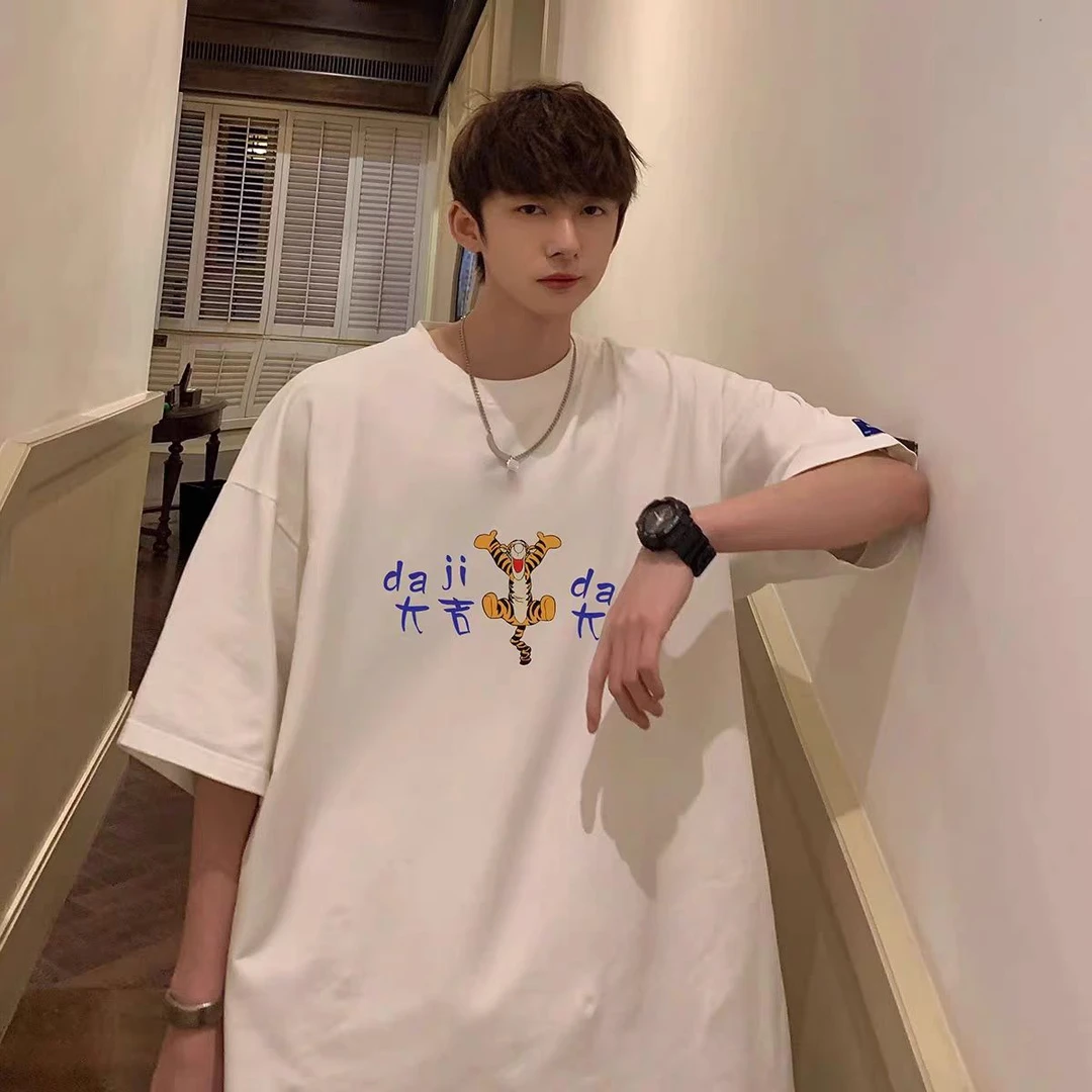 T990夏季潮牌港风简约情侣百搭虎虎印花宽松休闲短袖t恤