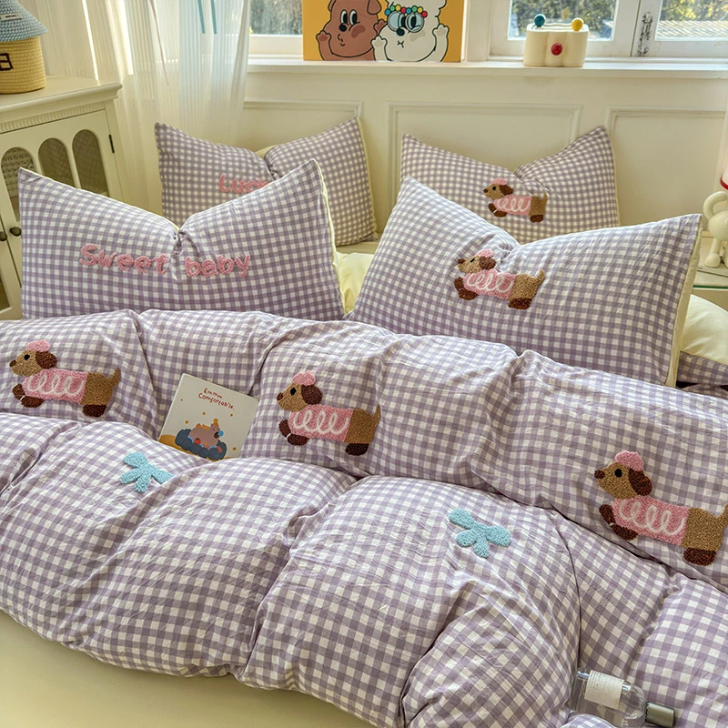 韩系紫色格子腊肠狗毛巾绣四件套少女心床单被套宿舍三件套非纯棉