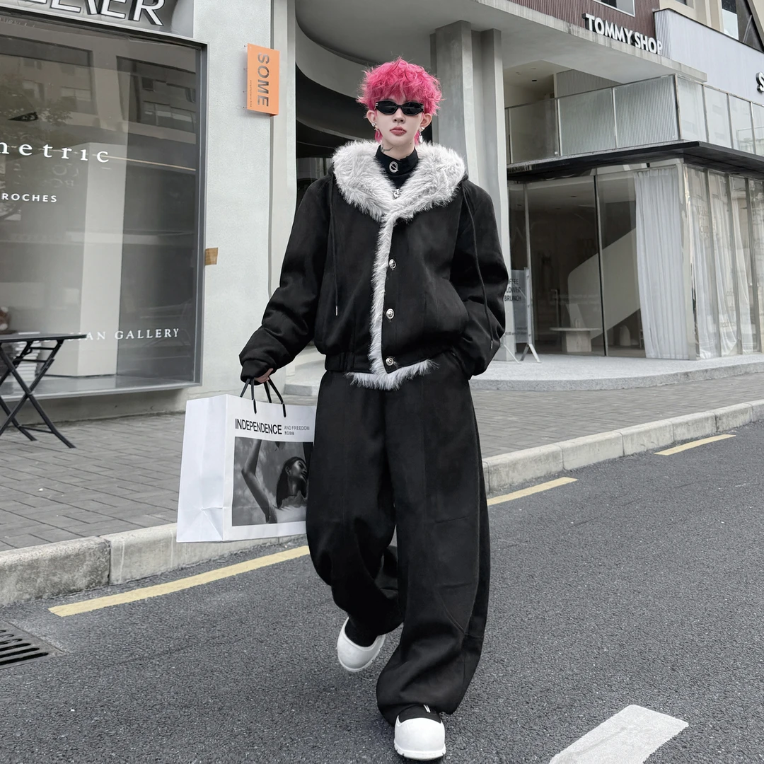 冬季小众毛领连帽皮毛一体夹克套装男搭配加绒加厚阔腿长裤两件套