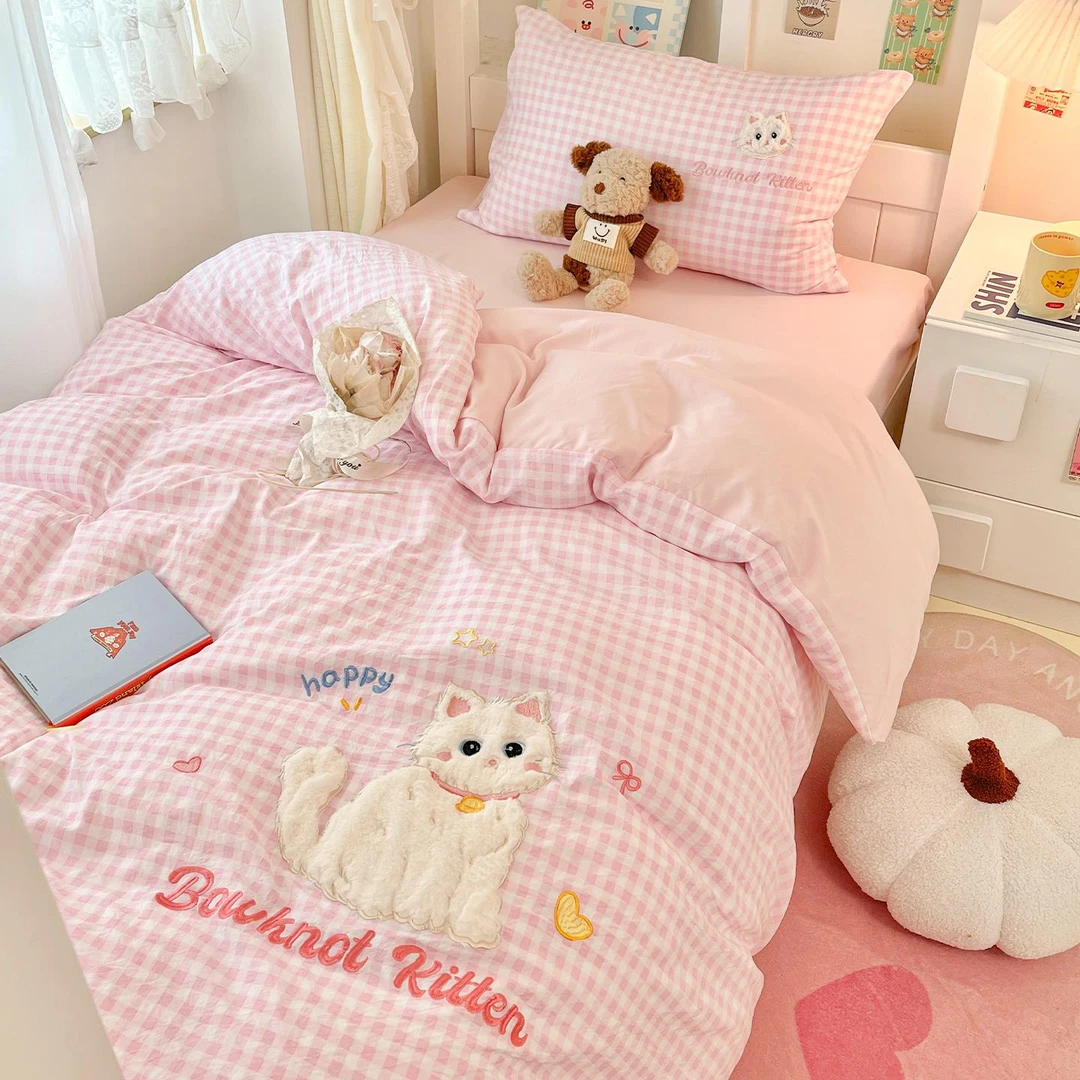可爱猫咪大学生宿舍三件套少女心寝室上下铺被套床单一整套六件套