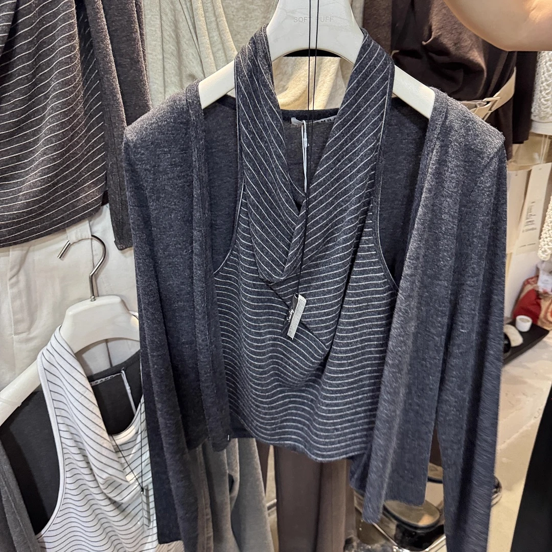 挂脖条纹假两件洋气时髦上衣2025早秋新款针织衫