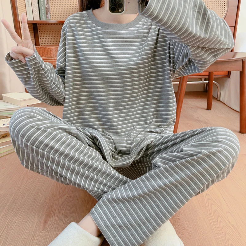 秋冬季德绒睡衣女条纹宽松长袖家居服大码加绒保暖可外穿春秋套装