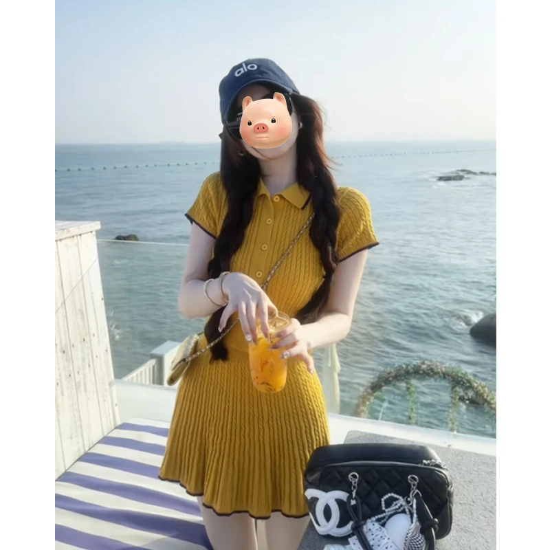 2025超火穿搭一整套学院风polo领针织短袖T恤百褶短裙子两件套装