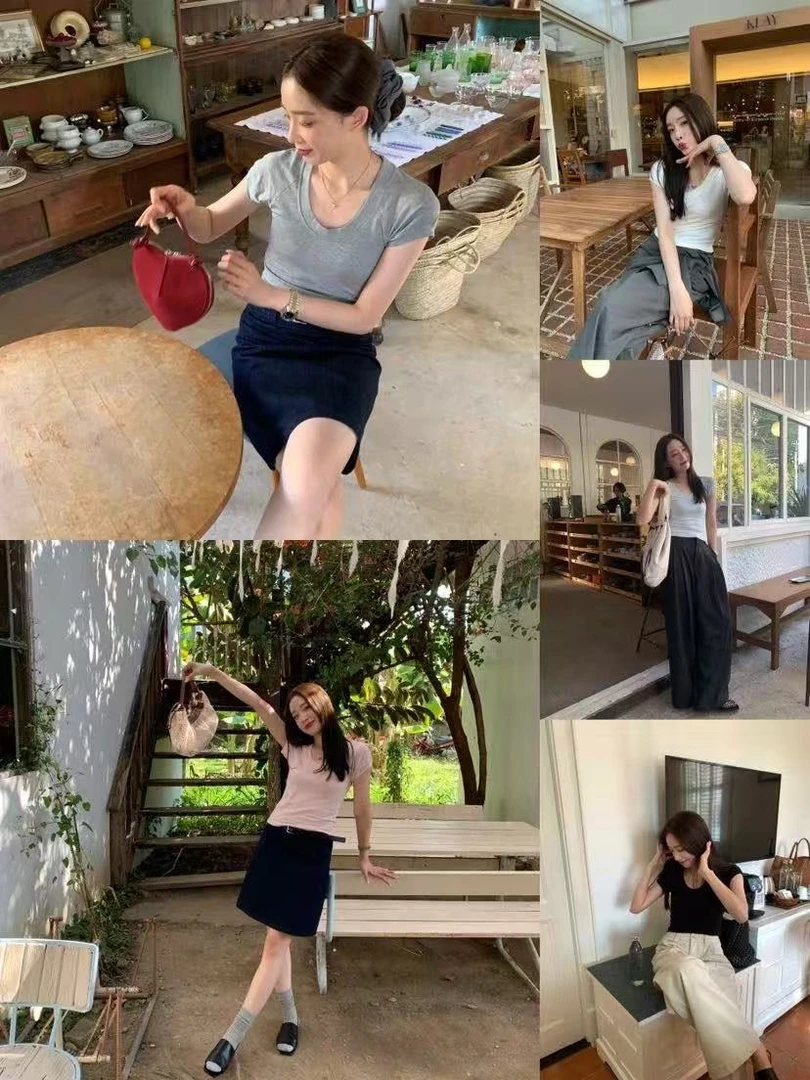 【纸片人】基础纯色U领修身显瘦短袖6620 衣长48