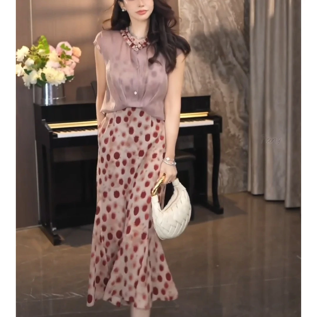 2法式气质显瘦连衣裙收腰设计复古印花夏季女装两件套