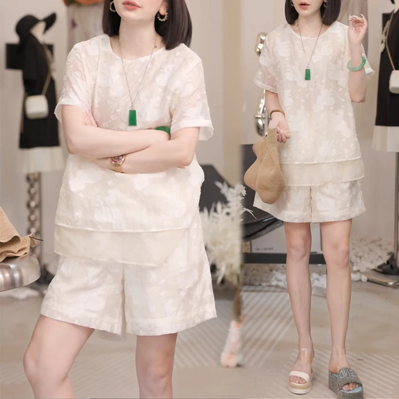 时尚提花圆领短袖上衣短裤套装女士2025夏季新款高级感洋气两件套