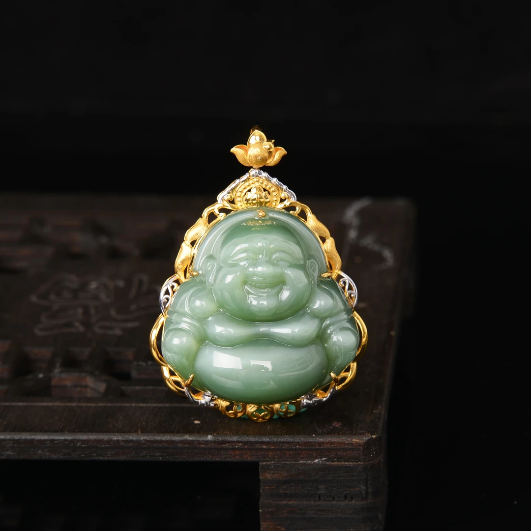 【熊总夫妇】碧玉冰润猫眼佛公18k金吊坠-约31*31*12mm