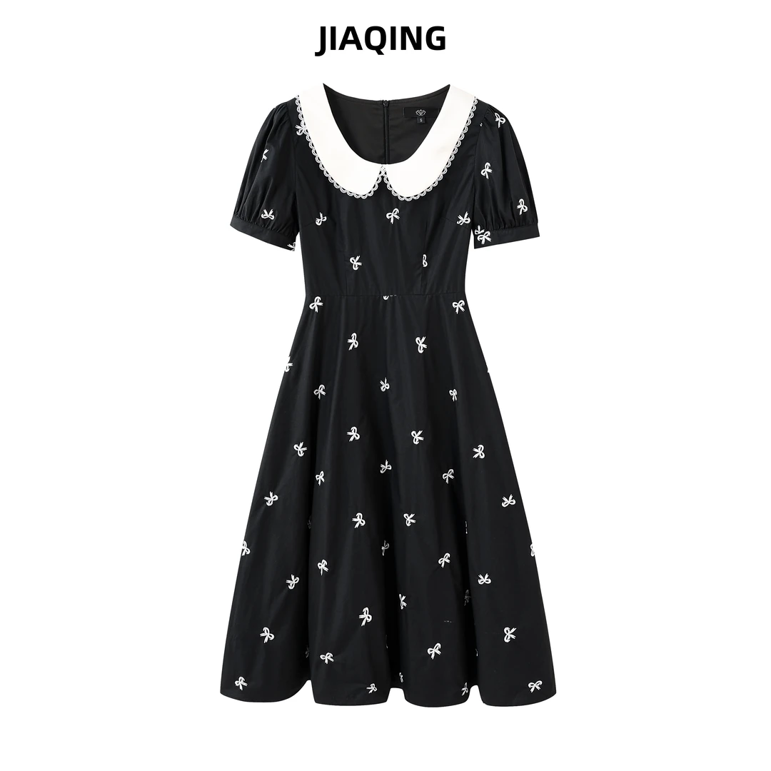 JIAQING 法式蝴蝶结刺绣娃娃领连衣裙女减龄收腰显瘦赫本风小黑裙