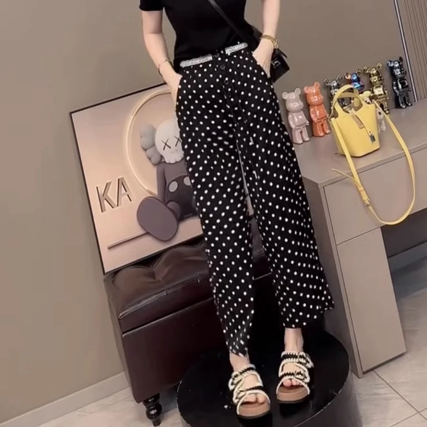 直筒休闲裤女2025夏季薄款大码胖mm宽松显瘦波点印花九分阔腿裤子