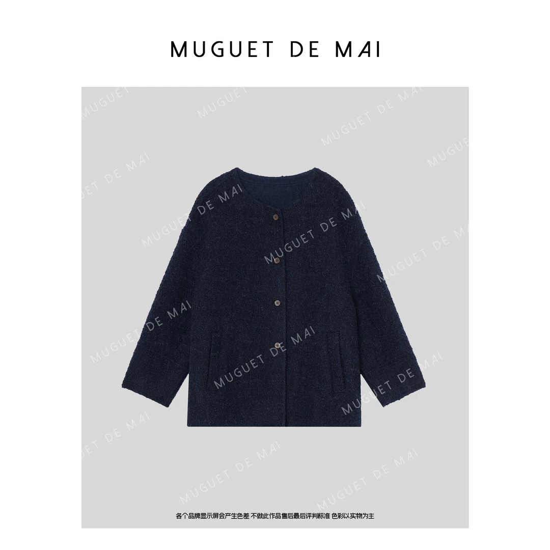 【唐悠悠】860g藏青苏力绵羊毛加厚小香风毛呢短外套