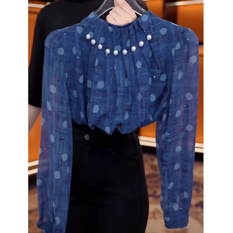（运费险）设计感蓝色波点立领长袖衬衫女秋季新款时尚钉珠小衫减龄
