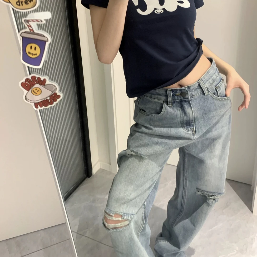 【有瑕疵 介意勿拍】【福li款】蓝色破洞牛仔