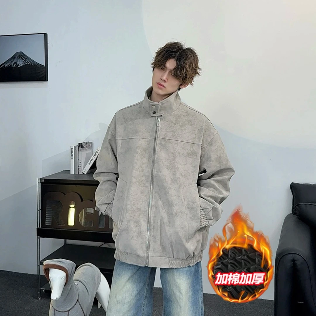 【加绒加厚】秋冬扎染pu皮美式复古立领皮衣夹克宽松百搭情侣外套男