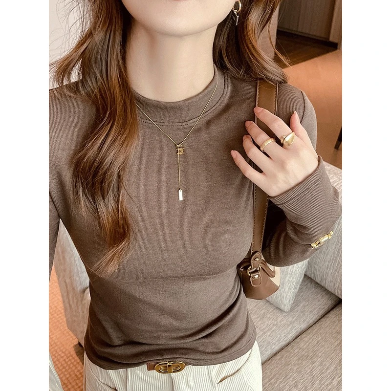 严选仿羊绒小立领打底衫女春秋冬纯色内搭长袖t恤修身高级感上衣