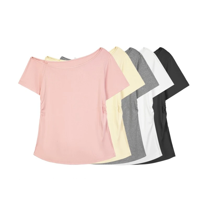 HONG JIA LIN/虹嘉琳新款大码露肩短袖一字肩收腰捏褶斜肩显瘦t恤