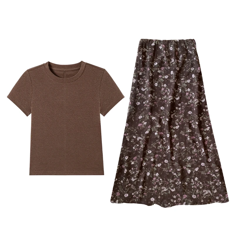 美拉德时尚轻熟风修身显瘦纯色上衣夏季高腰显瘦碎花半身裙两件套