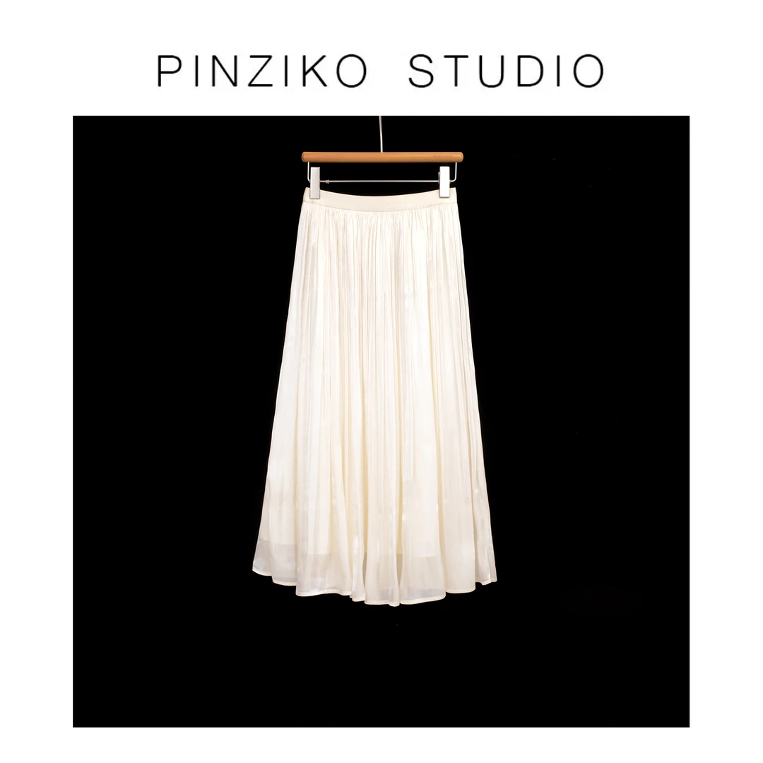 pinziko女装琉璃缎~缎感百搭高腰时尚长款休闲设计感半身裙TJF148