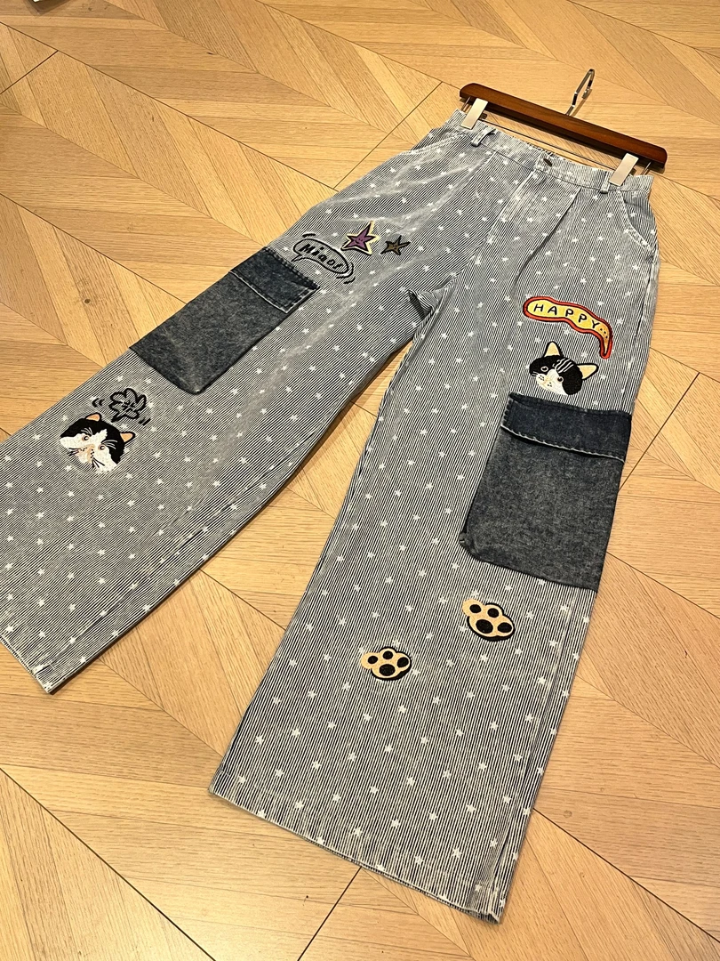 【星星条纹裤子】R77原创新款刺绣设计百搭长裤男女同款