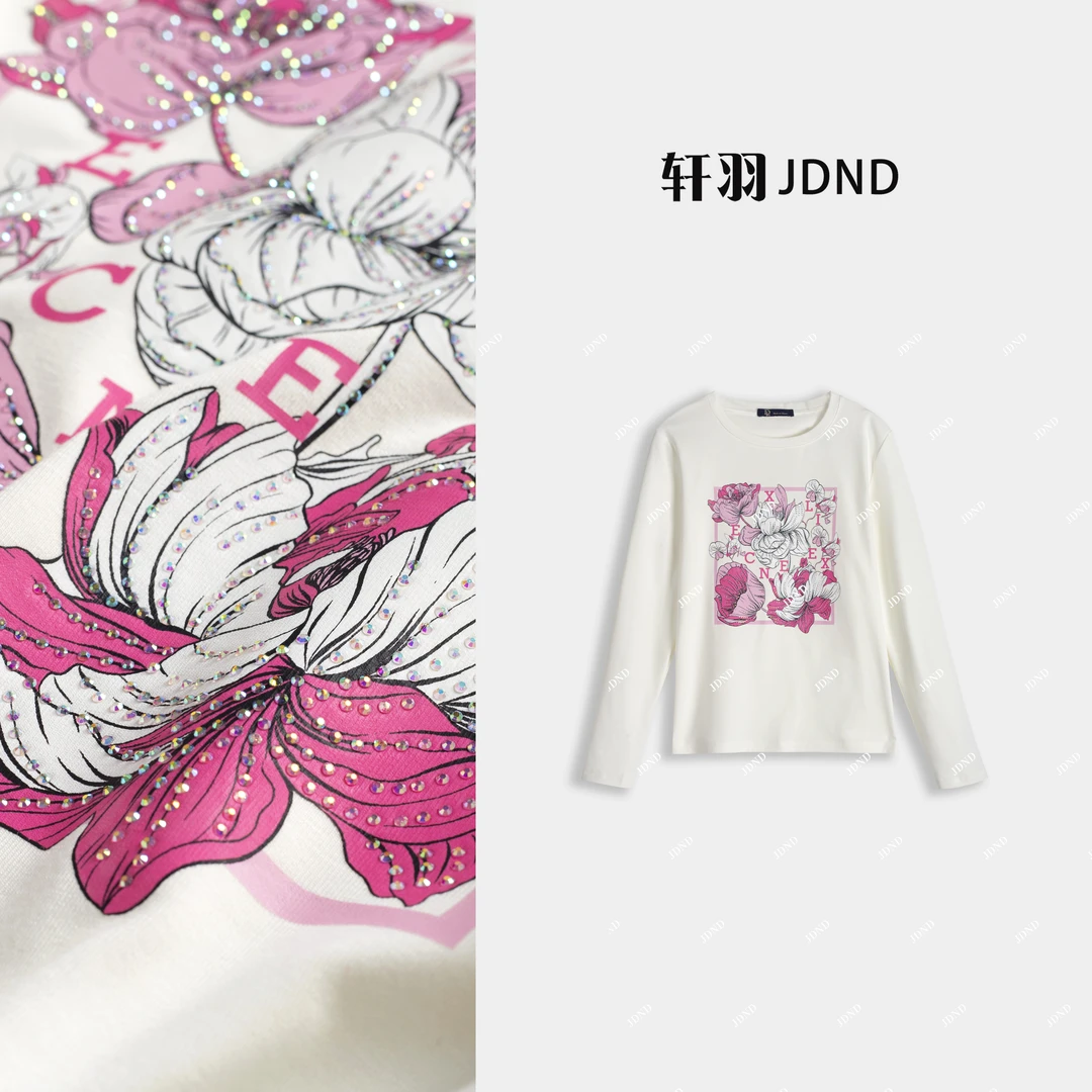 JDND轩羽【粉花漾白】加厚印花烫钻拼接长袖T恤上衣XY25648