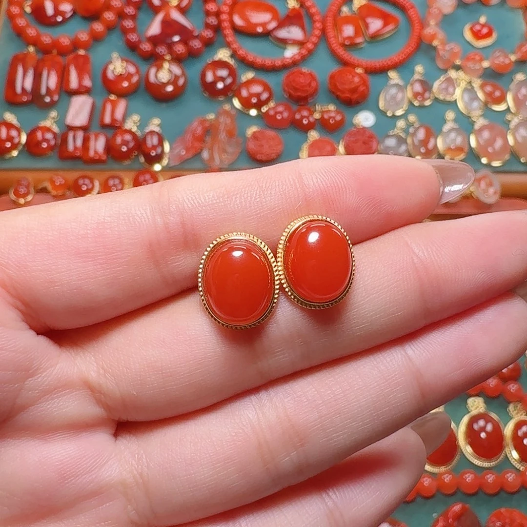 南红玛瑙银S925镶嵌耳饰