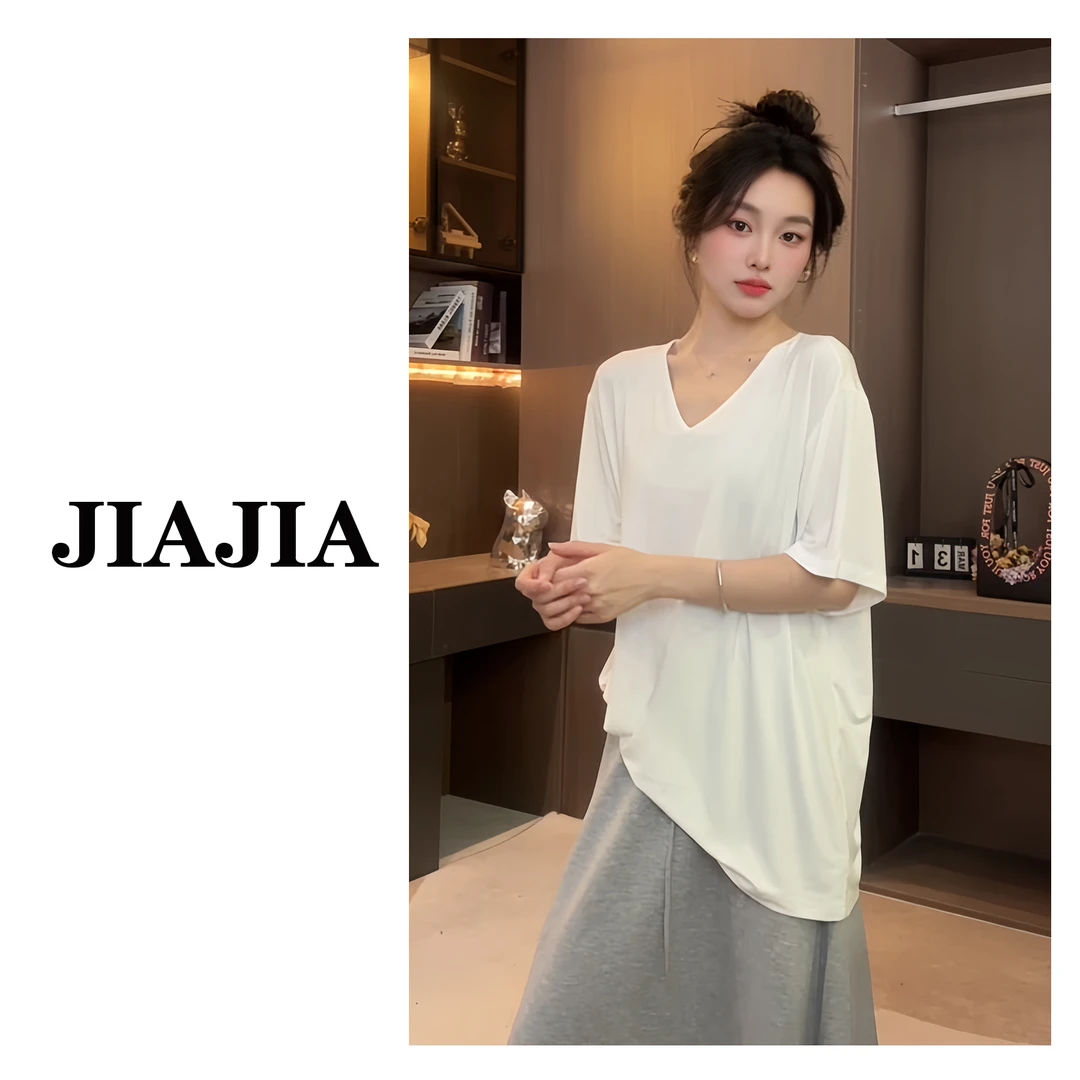 【面膜V领】极简垂感大领口宽松oversize高级春夏季五分袖短袖T恤女
