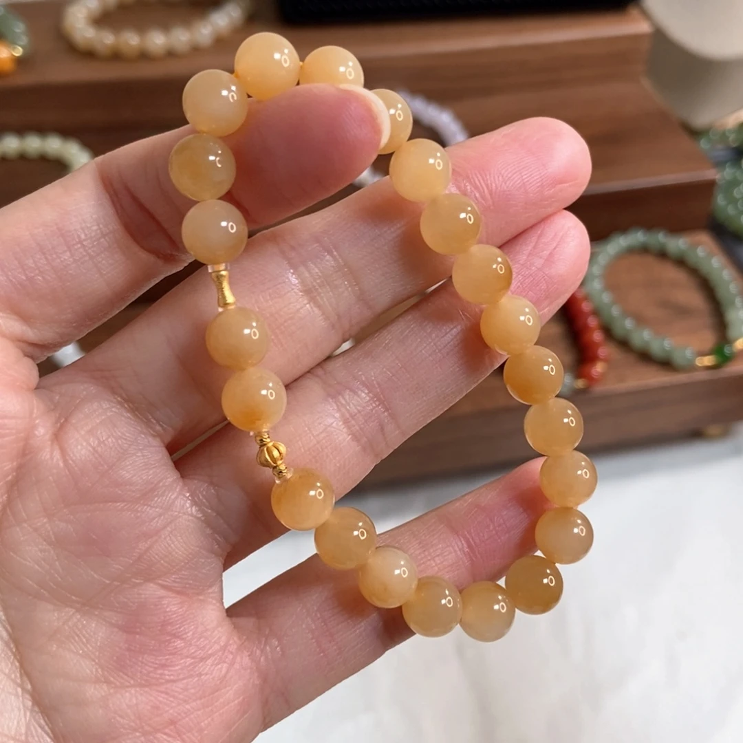 和田玉手链18K金镶嵌8mm且末金糖