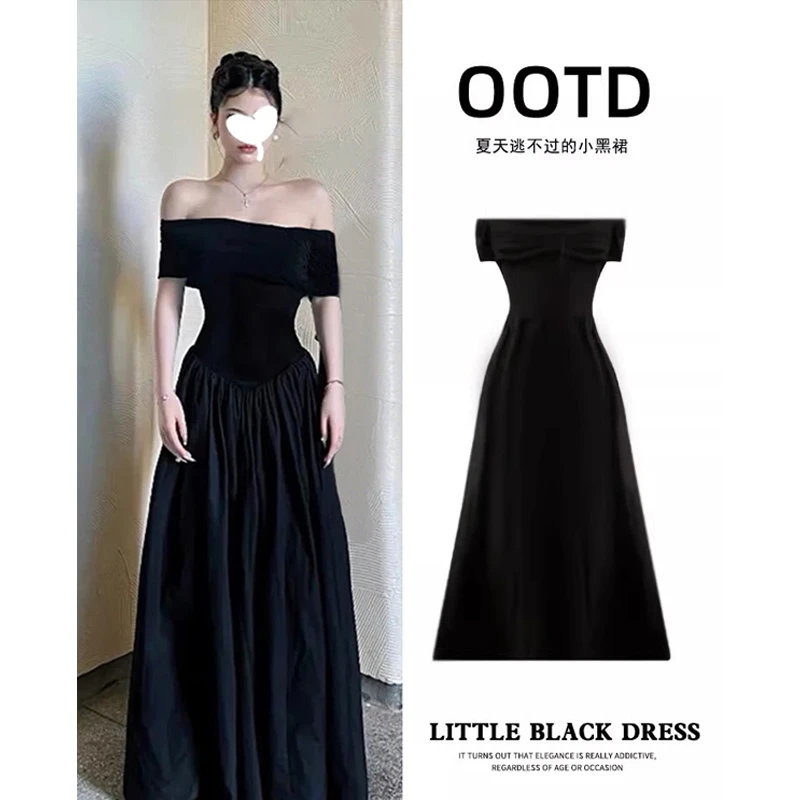 黑色赫本风一字肩连衣裙2025夏季穿搭气质长裙子到脚踝礼服成人礼
