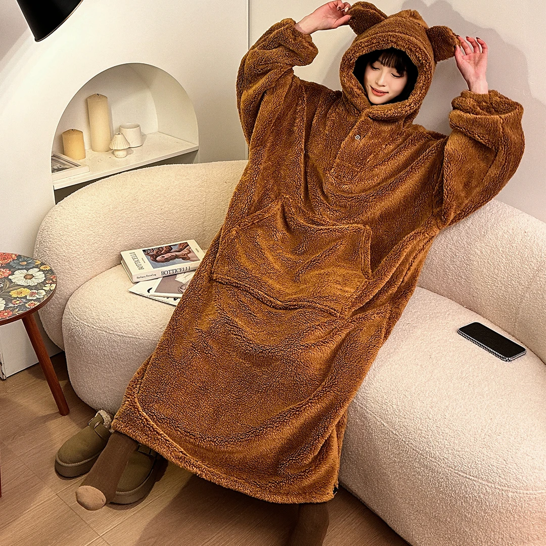 200斤能穿长款连帽睡裙冬季新款加绒加厚珊瑚绒保暖睡袍宽松