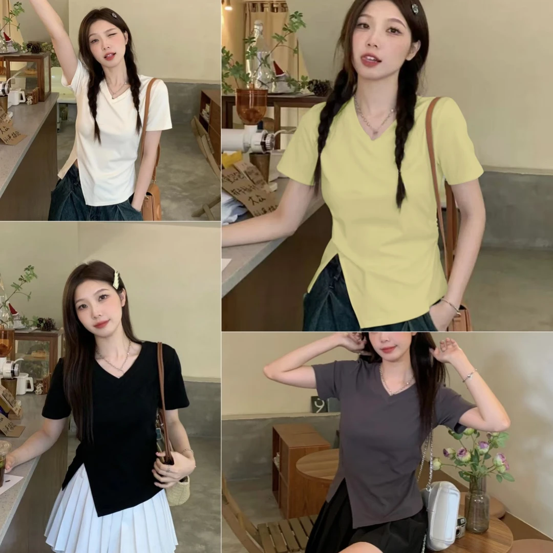 小众不规则设计时尚百搭上衣小个子遮肉显瘦褶皱镂空小V领短袖T恤
