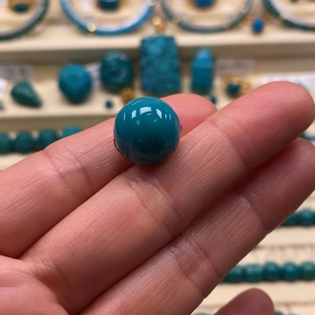 绿松石未镶嵌珠宝奇石直径13.4博古纹圆珠