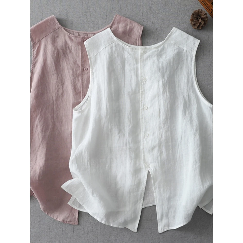 1245日系简约全棉背心衬衫女夏前后两穿薄款休闲无袖衬衣小衫上衣