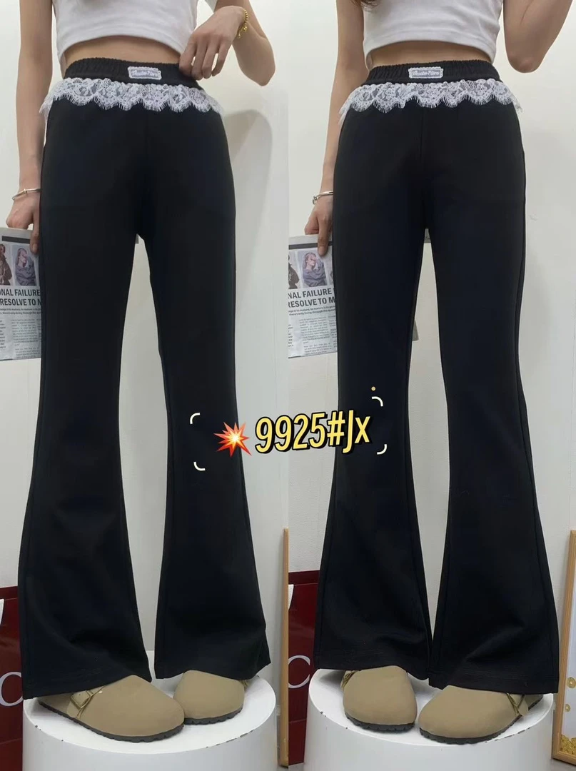 9925蕾丝拼接显瘦喇叭裤时尚百搭休闲长裤