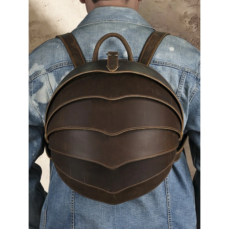 真皮时尚女背包双肩包个性甲壳虫背包男女通用情侣疯马皮休闲背包