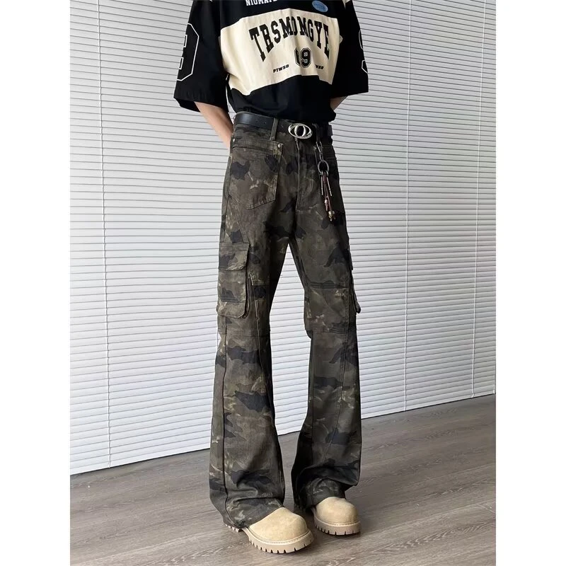 迷彩牛仔裤男款美式复古高街时尚修身微喇裤工装休闲显瘦直筒裤子