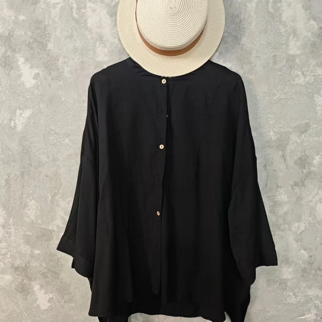 【沐木流浪记】黑色丝麻倒三角百搭经典衬衫Z