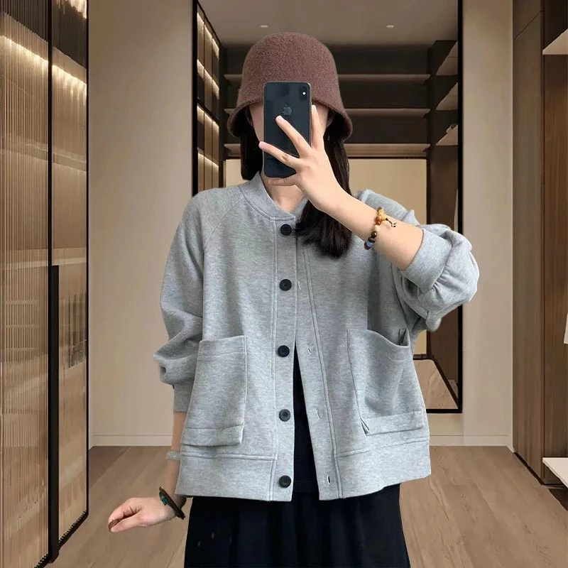 2025年春秋季新款休闲口袋开衫棒球服外套女士纯色宽松设计感上衣