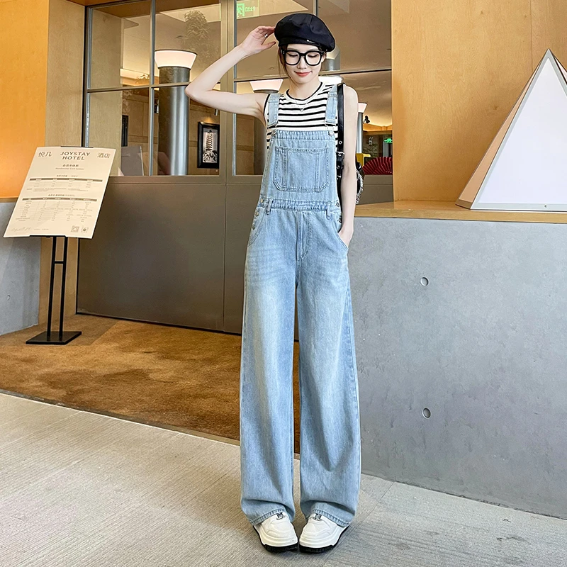牛仔背带裤阔腿裤子女春夏季薄款2025新款高腰宽松显瘦窄版连体裤