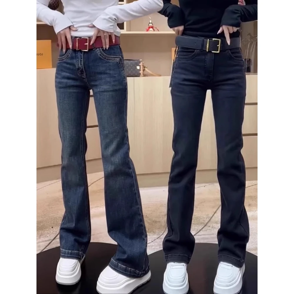 2025春季爆款弹力显瘦直筒微喇牛仔裤子女大码复古修身窄版马蹄裤