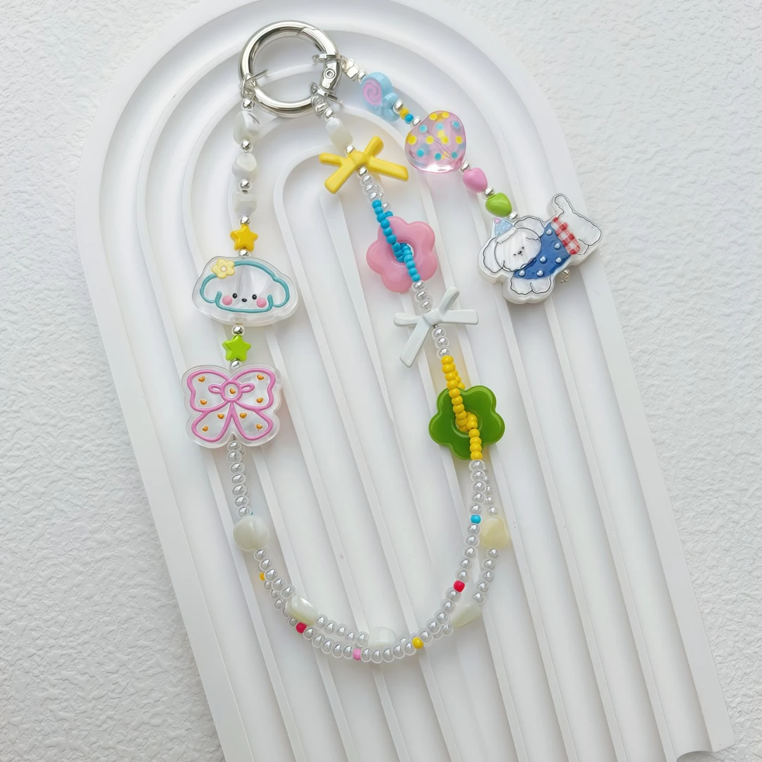 撞色串珠手机挂链彩色珠珠小猫蝴蝶结相机挂链防丢