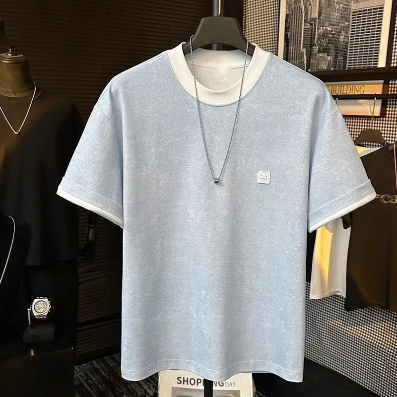 夏季贴布绣短袖宽松半袖扎染T恤撞色设计潮流休闲小众圆领男上衣