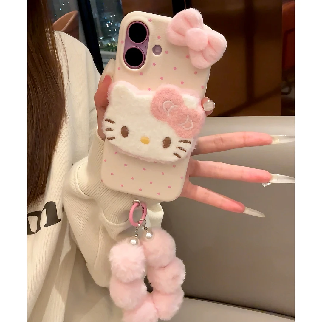 雅天立毛绒KT猫公仔适用苹果17promax挂绳手机壳15/13/iPhone16女