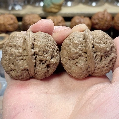 文玩核桃把件密纹金蟾带彩磕尖明显41+